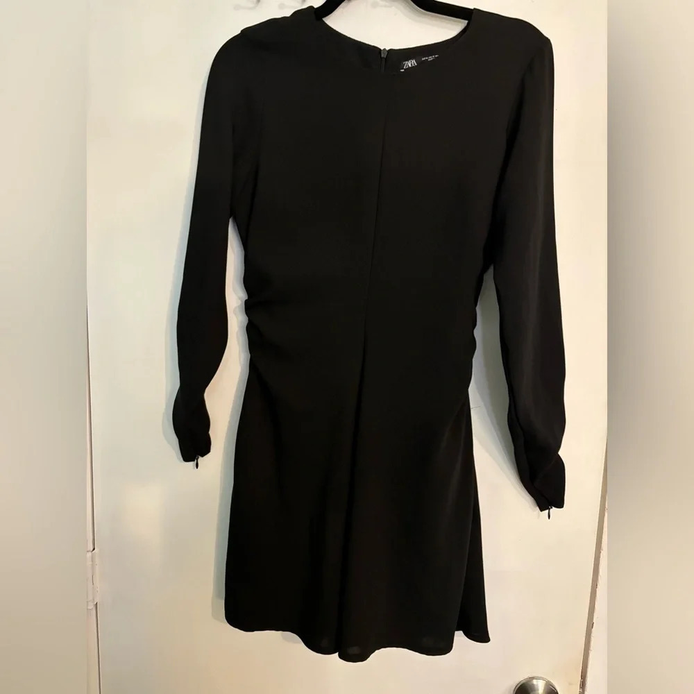 Zara Womens Black Dress long zipper sleeves‎ Sz Medium LBD hidden zipper ruched
